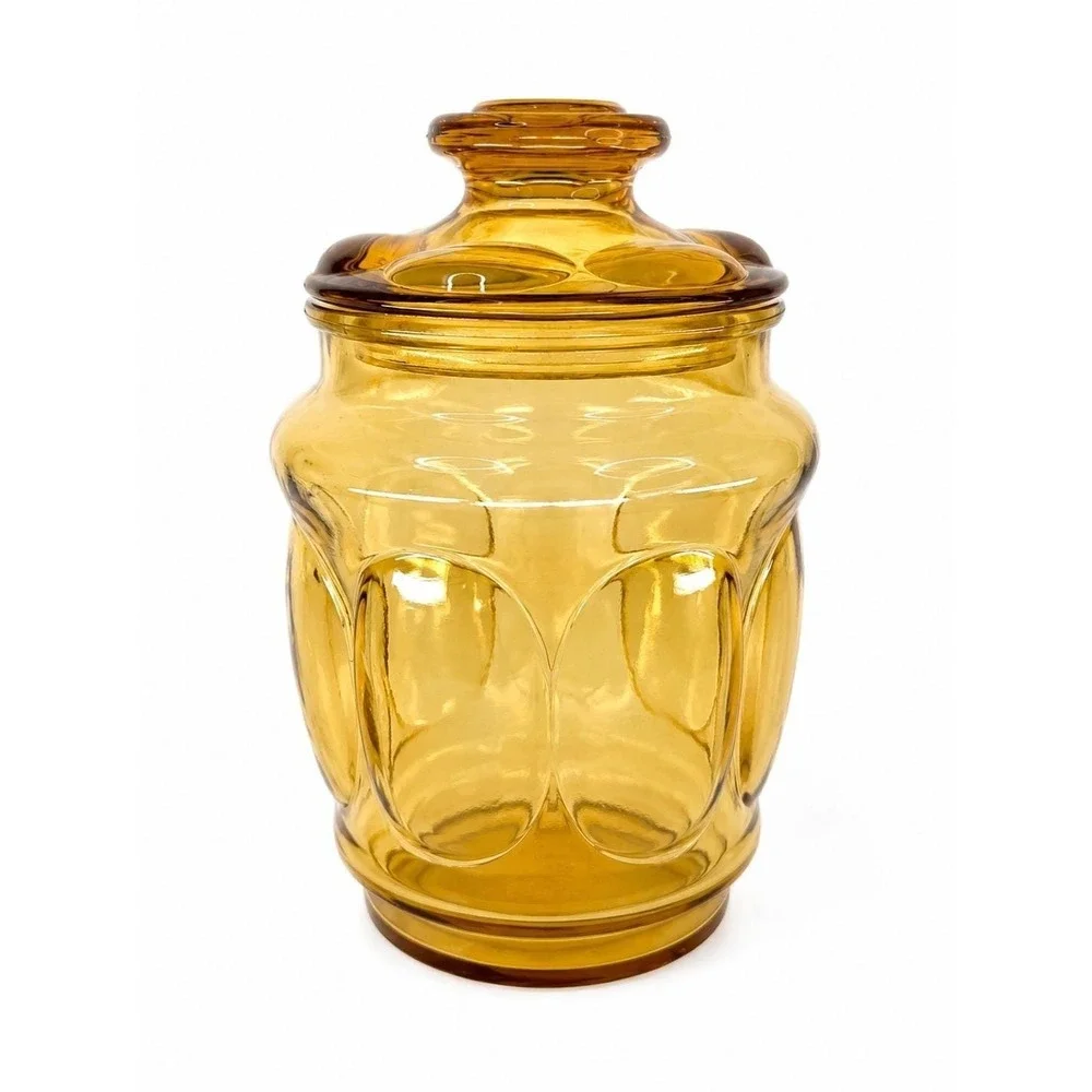 Vintage Amber Glass Apothecary Canister Jar w/ Faceted Lid Octagonal MCM Storage